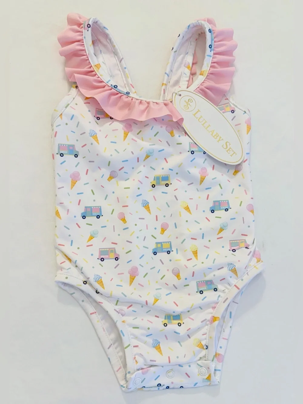 Lullaby Set Pink Ruffle & Bow Ice Cream Print One-Piece Swimsuit 24M NWT!
